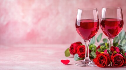 Two wine glasses with red roses on pink background. romantic celebration