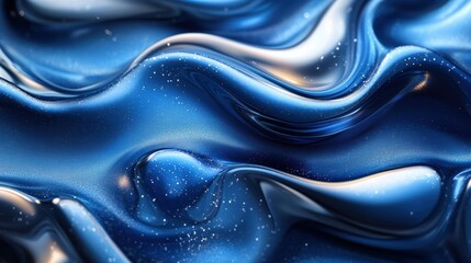 Dynamic liquid abstract design with flowing gradients of deep blue, emerald green, and metallic silver, featuring organic curves and glossy reflections for a modern, sleek look. Background