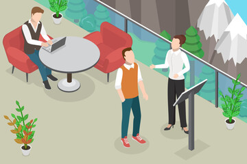 3D Isometric Flat Vector Illustration of Hotel Rooftop Terrace, Mountain Resort Restaurant