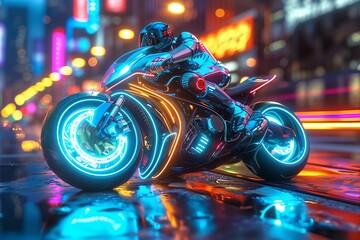 Fototapeta premium A sleek, futuristic motorcycle illuminated by neon lights, parked on a vibrant, rainy city street at night.