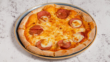 Pizza pepperoni on tray isolated