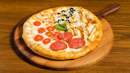 Sausage pizza on tray isolated