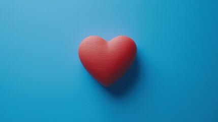 Obraz premium Red wooden heart on a blue background. Minimalistic artistic Valentine's concept.