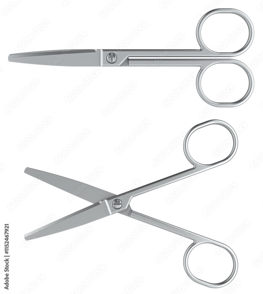 Poster metallic scissors, opened and closed, top views. 3d rendering isolated on transparent background