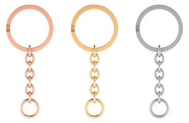 Split Keyrings with Chain Keychain Ring, Silver, golden and copper colors. 3D rendering isolated on transparent background