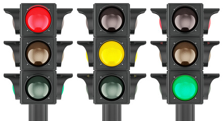 Traffic lights with red, green and yellow colors, 3D rendering isolated on transparent background