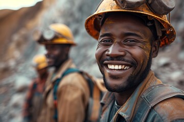 Fototapeta premium A smiling miner showcasing joy and resilience in a demanding work environment.