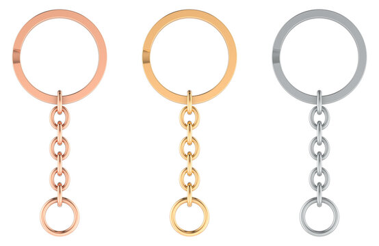 Split Keyrings with Chain Keychain Ring, Silver, golden and copper colors. 3D rendering isolated on transparent background