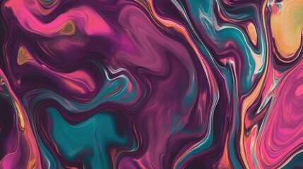 Abstract fluid art design with vibrant swirling patterns in magenta, cyan, and gold tones, featuring glossy textures, seamless gradients, and dynamic movement for a modern aesthetic. Background