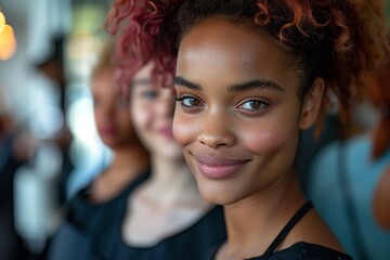 Obraz premium A smiling young woman with beautiful curly hair stands confidently among a group, showcasing joy and positivity.