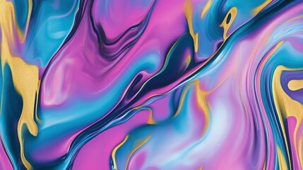 Obraz premium Abstract fluid art design with vibrant swirling patterns in magenta, cyan, and gold tones, featuring glossy textures, seamless gradients, and dynamic movement for a modern aesthetic. Background