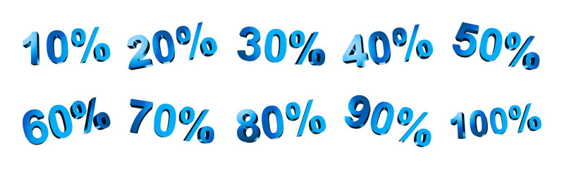 Graphic resources blue metallic percentage from 10% to 100%. Concept: Symbol, percentage, metallic.