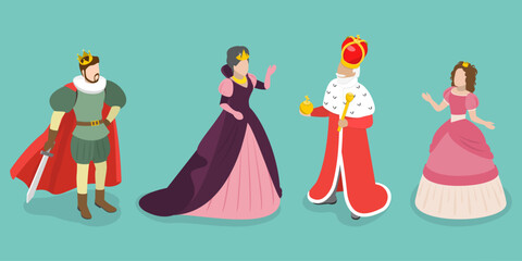 3D Isometric Flat Vector Set of Fairy Characters, Medieval People