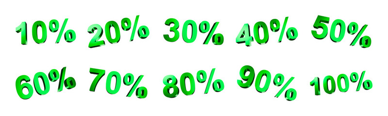 Graphic resources green metallic percentage from 10% to 100%. Concept: Symbol, percentage, metallic.