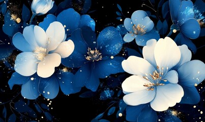 An abstract illustration of blue and white flowers on a black background.