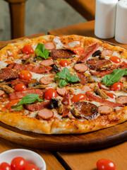 Delicious pizza on tray isolated