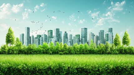 A dense green forest stretches toward a modern urban skyline in the background. Birds fly across the blue sky, blending nature and city life.
