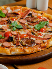 Delicious pizza on tray isolated