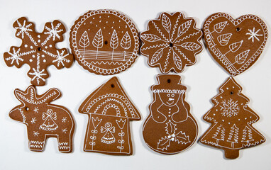 Close-up of Christmas gingerbread cookies of various shapes