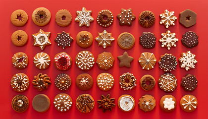 Fototapeta premium Different Christmas gingerbread cookies on red background, flat lay