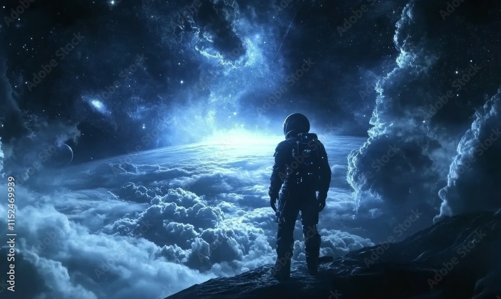 Wall mural astronaut standing on a surface overlooking a planet and space with stars and clouds. futuristic spa