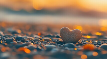 Fototapeta premium Heart-shaped stone on a pebble beach at sunset. Symbol of love and serenity.