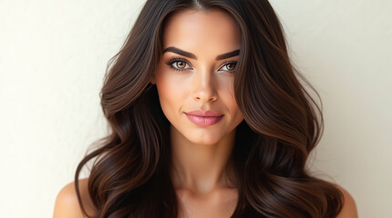 Naklejka premium Premium hair dye showcases a woman with glossy, well-groomed dark hair, radiating confidence and style
