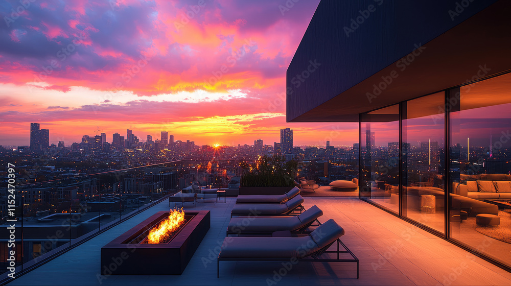 Wall mural Luxury rooftop terrace with fire pit overlooking city skyline at sunset