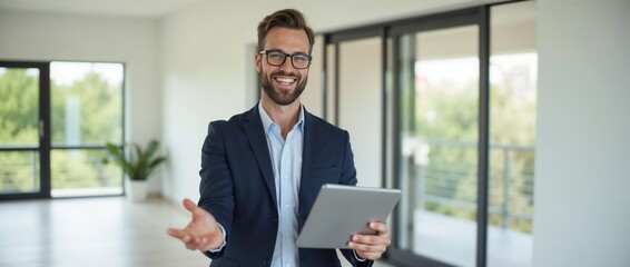 Fototapeta premium Confident professional male presenting a property, utilizing a tablet in a bright, stylish apartment setting.