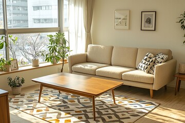 Fototapeta premium A minimalist, mid century modern interior design with a bright living room with a sofa and table. Generative AI 