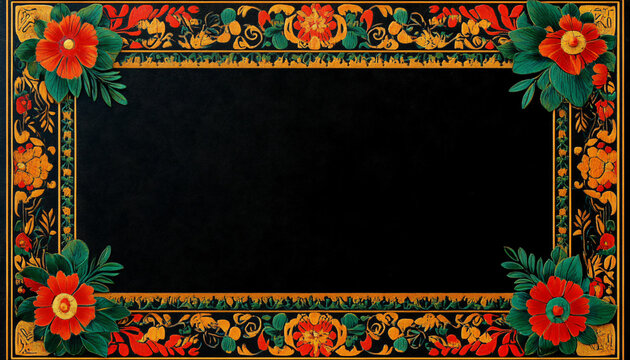 A vibrant ethnic border design perfect for cultural events, festive occasions, and holiday promotions, featuring intricate patterns in red, green, and gold.