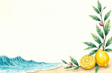 Tropical beach with lemons watercolor illustration. Ideal for menus, packaging, wellness content, summer event promotions. Copy space.