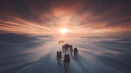 A breathtaking sunset over a snow-covered landscape. A dog sled team races towards the sun, silhouetted against the vibrant sky.  A winter wonderland of epic proportions.