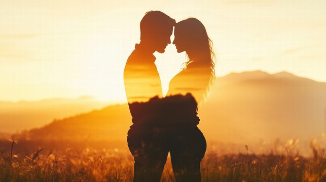 Silhouette of a couple embracing at sunset with scenic mountain view. romantic connection
