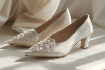 Obraz premium Elegant white bridal shoes with intricate embroidery, perfect for weddings and special occasions.