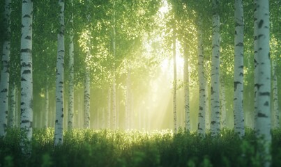Birch tree grove with stark white trunks and vibrant green leaves, sunlight streaming through in golden beams.