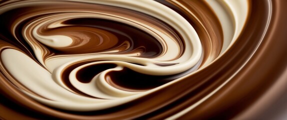 Background with rich chocolate and vanilla blend create beautiful swirls in a bowl. Narrow banner for advertising of product, desserts, pastries or any sweet treat