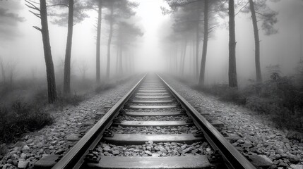Fototapeta premium Monochrome railroad tracks vanishing into foggy forest.