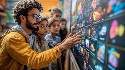 Fototapeta premium Diverse group of students collaborating a vibrant hightech classroom using smartboards and holographic displays their teacher guiding them through immersive learning experiences