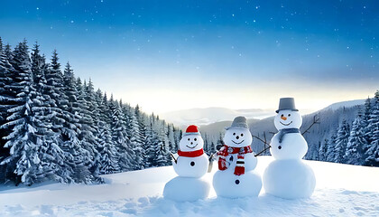 Merry Christmas and happy New Year greeting card with copy-space. Snowmen Family standing in