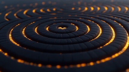 Fototapeta premium Abstract glowing golden rings forming a circular pattern on dark surface. Futuristic energy design