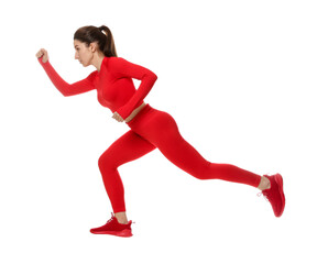Woman in sportswear exercising on white background