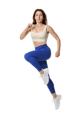 Woman in sportswear exercising on white background