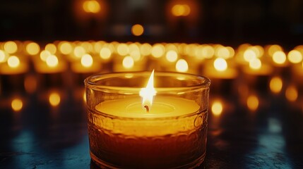 Single lit candle in glass jar among many others.