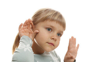 Little girl showing hand to ear gesture on white background