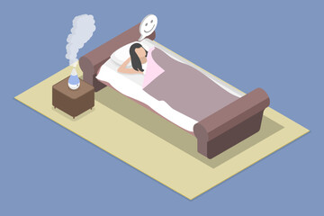 3D Isometric Flat Vector Illustration of Healthy Sleep Environment, Air Humidifier