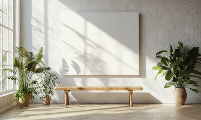 Bright interior with white textured wall, large blank canvas, wooden bench, and potted green plants. Sunlight casting shadows through window. Mockup