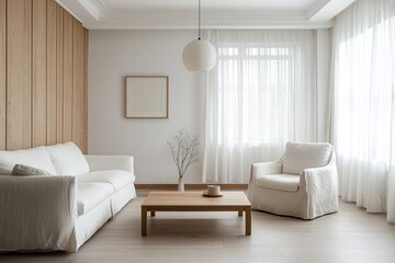 Fototapeta premium Minimalist, Scandinavian interior design in living room with white sofa and table. Generative AI 