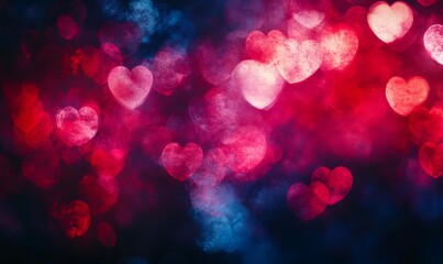 Bokeh lights in red, pink, and blue forming heart shapes on a dark background. Abstract and romantic visual effect with glowing, soft-focus orbs. Valentine's