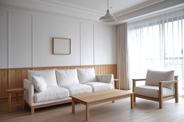 Fototapeta premium Minimalist, a Scandinavian interior design of a living room with a wood finish to parts of the wall and a white sofa and wood table. Generative AI 